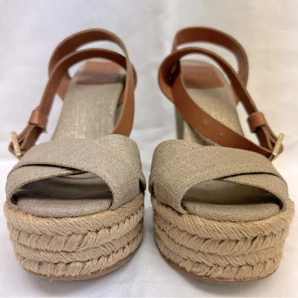 Tory Burch gold canvas wedge espadrilles with camel colored leather ankle strap - Picture 4 of 9